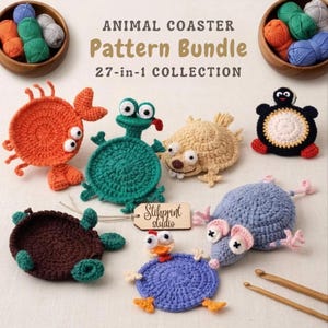 May include: A collection of crocheted animal coasters including a crab, frog, fish, penguin, turtle, and mouse. The text reads ANIMAL COASTER Pattern Bundle 27-in-1 COLLECTION and Stihprint studio. Two wooden crochet hooks are visible on the side.