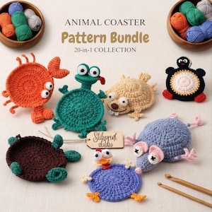 May include: A collection of handmade crochet animal coasters, including a crab, frog, turtle, penguin, and mouse. The coasters are in various colors and feature whimsical designs. The image also includes wooden bowls with yarn and the text "ANIMAL COASTER Pattern Bundle".