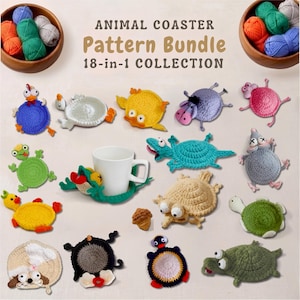 May include: An 18-in-1 animal coaster pattern bundle featuring various crocheted animal designs in bright colors. The collection includes circular coasters shaped like frogs, turtles, ducks, and other creatures, with a white mug placed on one.
