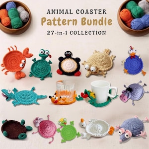 27-in-1 Tier-Untersetzer-Häkelmuster-Bundle (PDF), Pop-Up-Tassenuntersetzer, Amigurumi-Becherhalter (PDF + VIDEO-ANLEITUNG)