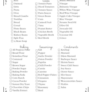 Könnte beinhalten: Eine schwarz-weiße Checkliste mit dem Titel "Kitchen Pantry Essentials" mit Kategorien für Getreide, Konserven, Essig, Backwaren, Gewürze und Gewürze. Jede Kategorie listet verschiedene Lebensmittel auf.