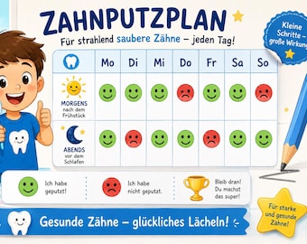 Zahnputzplan Kinder PDF | Zahnputz Protokoll Jungen Mädchen | Tableau de brossage des dents imprimable pour les enfants | Zahnarzt Geschenk