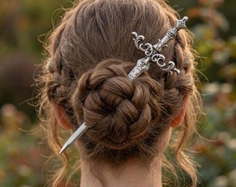 Fermaglio per capelli a forma di spada vichinga, fermaglio per capelli medievale in argento, accessorio per chignon fantasy nordico da donna