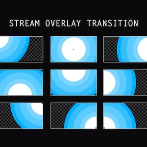 Pode incluir: Um conjunto de nove gráficos retangulares de transição de sobreposição de transmissão com o texto STREAM OVERLAY TRANSITION no topo. Cada gráfico exibe padrões circulares concêntricos azuis e brancos contra um fundo preto com áreas de xadrez transparentes.