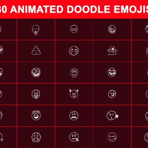 May include: A grid of 30 white line-art doodle emojis on a dark maroon background, featuring various facial expressions and symbols. The text 30 ANIMATED DOODLE EMOJIS is displayed in white capital letters on a red banner at the top of the image.