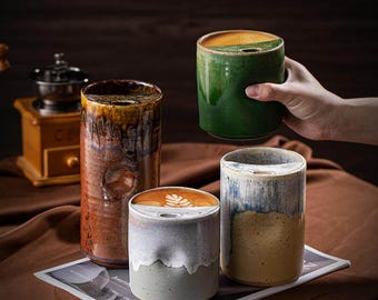 Handmade Retro Ceramic Coffee Cup, Half Lid Travel Mug, Large Capacity Pottery Drinkware