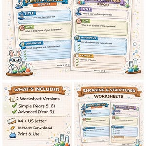 May include: A worksheet bundle titled "Scientific Method" with a blue and orange banner. The worksheets include sections for title, aim, apparatus, and results. Includes simple and advanced versions, A4 and US Letter sizes, and instant download.