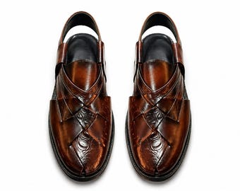 Sandalias Peshawari de cuero marrón hechas a mano para hombre, con textura de cocodrilo, calzado tradicional pakistaní, regalo para él.