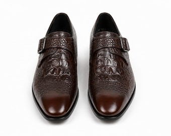 Men’s Brown Crocodile Texture Monk Strap Shoes – Handmade Leather Dress Shoes – Luxury Formal Footwear – Designer Slip On Shoes for Men
