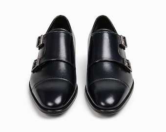 Men’s Black Double Monk Strap Shoes – Handmade Leather Dress Shoes – Luxury Formal Footwear – Classic Buckle Shoes for Men