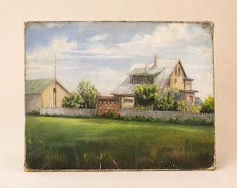 Antique Original Oil Painting on Canvas | Primitive Farmhouse Landscape | Unframed Vintage Folk Art | Rustic Cottage Wall Decor