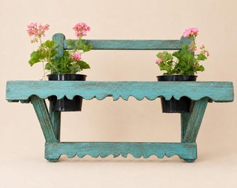 Primitive Rustic Wooden Plant Stand | Vintage Farmhouse Flower Holder | Distressed Blue Wooden Planter | Cottage Garden Decor