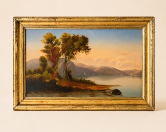 Vintage Framed Landscape Painting | Original Lakeside Oil Painting | Antique Gold Frame | English Country Decor | Cottage Wall Art