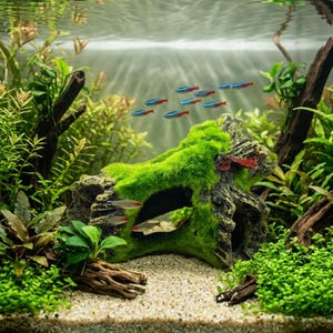 May include: An aquarium scene featuring a rock formation covered in vibrant green moss, serving as a shelter for small fish. Several neon tetras with blue and red stripes swim near the surface. The tank is filled with lush aquatic plants.
