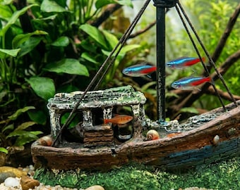 Decoración de acuario con forma de barco hundido de resina, adorno para pecera, decoración acuática, cueva para camarones betta, escondite náutico.