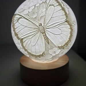 Può includere: Una lampada circolare bianca caratterizzata da un rilievo testurizzato di una farfalla con le ali spiegate circondata da piccoli fiori. La sfera traslucida è illuminata dall'interno e poggia su una base cilindrica in legno liscia.