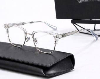 Heldere, semi-randloze bril met blauw licht met zilveren metalen accenten – uniseks modern minimalistisch montuur