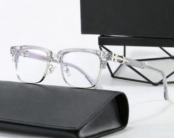 Gafas transparentes semi al aire con filtro de luz azul y detalles plateados – Montura minimalista moderna unisex