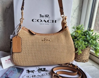 Teri Shoulder Bag Beige Brown Tone Raffia with Leather Trim