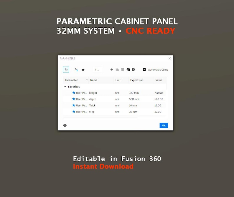 Parametric Cabinet Side Panel | Fusion 360 File | CNC 32mm System ...