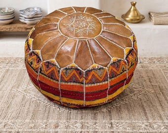 Ręcznie robiony marokański skórzany puf | Tradycyjny berberyjski design | Poduszka podłogowa w stylu boho | Podnóżek | Wyjątkowy prezent do domu