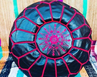 Handmade Black Leather Moroccan Pouf – Pink Embroidery Ottoman (Unstuffed)