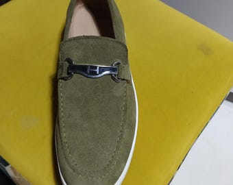 Handmade Olive Green Suede Loafers – Moroccan Artisanal Leather Moccasins