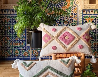 Handmade Moroccan Lumbar Pillow Cover: Boho Pink Sage Green Tufted Cushion with Tassels