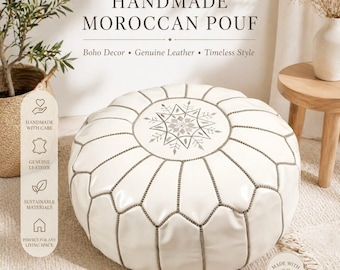 Puf marroquí de cuero hecho a mano – Taburete blanco estilo bohemio, decoración para sala de estar, detalle artesanal