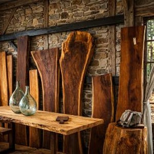 May include: A rustic workshop scene featuring various unfinished wooden slabs and a completed table. The table, made of light-colored wood, has a natural edge. Two glass vases and a small bag sit on the table and a wooden stump. The background includes a stone wall.