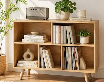 Modern Record Player Stand with Vinyl Storage & Charging Station, Wooden Media Console Table, Mid Century Storage Cabinet