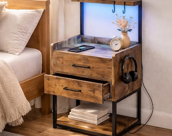 Nightstand with Charging Station and LED Lights, Wooden Bedside Table with 2 Drawers, Modern Side Table with Storage Shelf