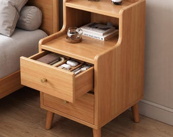 Wood Nightstand with Drawer, Bedside Table with Storage Shelf, Modern Wooden End Table for Bedroom Living Room Furniture