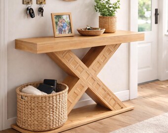 Modern X Base Console Table 55” Entryway Table Narrow Sofa Table Rustic Wood Look Hallway Furniture Living Room Accent Table