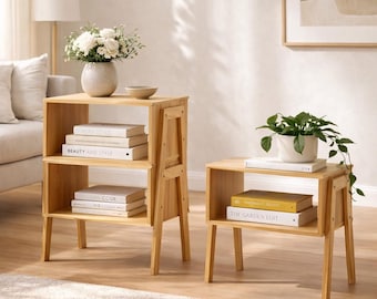 Conjunto de 2 mesas de cabeceira de madeira estilo meados do século XX com prateleira, mesa lateral pequena, empilhável, para sala de estar.