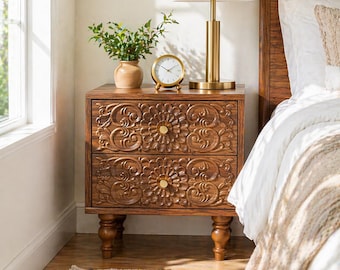 Carved Wood Nightstand with 2 Drawers, Vintage Floral Bedside Table, Rustic End Table, Small Bedroom Storage Cabinet