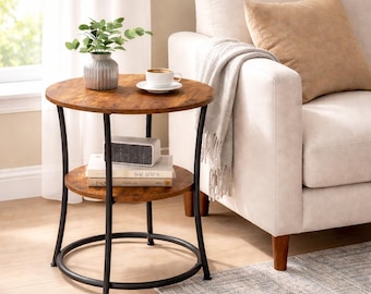2 Tier Round End Table Rustic Brown & Black | Modern Side Table with Storage Shelf | Small Space Nightstand Living Room Furniture