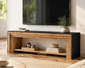70" Rustic TV Stand Console, Modern Farmhouse Media Unit with Open Shelf Storage, Long Wood Entertainment Center for Living Room