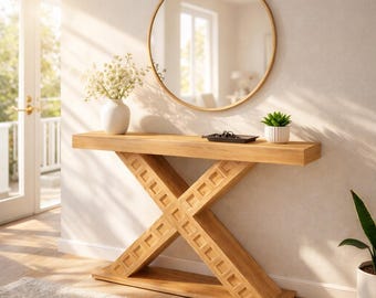 Modern X Base Console Table 55” Entryway Table Narrow Sofa Table Rustic Wood Look Hallway Furniture Living Room Accent Table