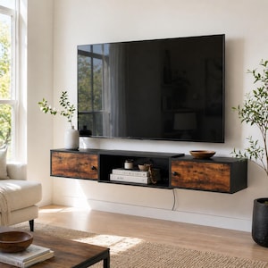 Floating TV Stand with Outlet 55", Wall Mounted Media Console, Rustic Brown Modern Entertainment Shelf with Storage