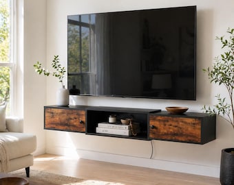 Floating TV Stand with Outlet 55", Wall Mounted Media Console, Rustic Brown Modern Entertainment Shelf with Storage
