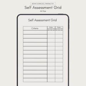 May include: A printable PDF self-assessment grid in A4 size. The grid features a table with columns for criteria and dates, along with smiley face icons. The text "Self Assessment Grid" is prominently displayed at the top.