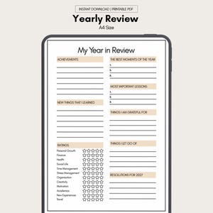 Puede incluir: Una plantilla digital imprimible de Revisión Anual en tamaño A4. La plantilla incluye secciones para logros, lecciones, gratitud y resoluciones. También presenta una sección de calificación para el crecimiento personal, las finanzas, la salud y otras áreas.