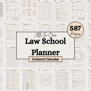 Puede incluir: Un planificador digital para estudiantes de derecho de 587 páginas que incluye varias plantillas como rastreador de habilidades, planificador de ensayos, calendario, horario, rastreador de metas, hábitos, notas y mapas mentales en beige y negro.