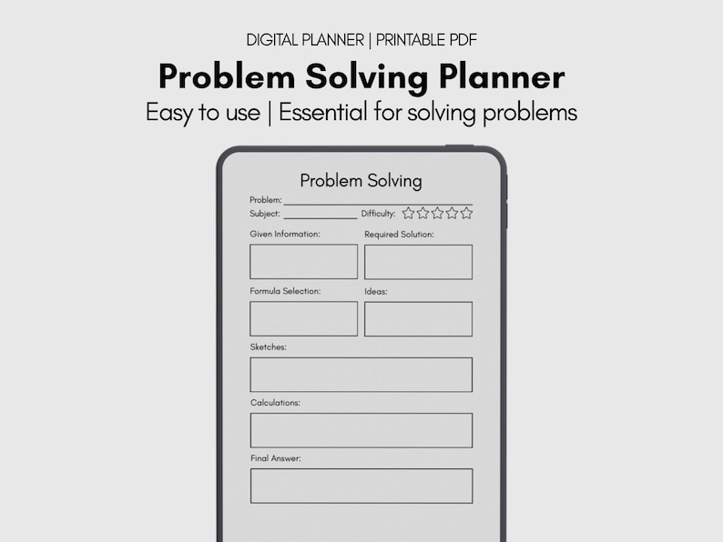 Puede incluir: Un planificador de resoluci&oacute;n de problemas en PDF imprimible digital con un fondo gris. El planificador incluye secciones para problema, tema, informaci&oacute;n dada, selecci&oacute;n de f&oacute;rmulas, bocetos, c&aacute;lculos y respuesta final. El texto dice "Problem Solving Planner".
