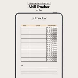 Könnte beinhalten: Eine digitale Skill-Tracker-Vorlage mit dem Titel "Skill Tracker" und der Angabe "A4 Size". Die Vorlage enthält Abschnitte für Schlüsselwörter, Beschreibungen und Entwicklungsbewertungen mit einem Sternbewertungssystem. Das Dokument wird auf einem Tablet angezeigt.