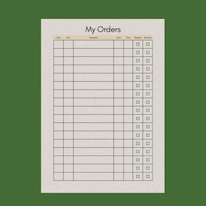 Puede incluir: Una hoja de seguimiento de pedidos de color beige claro con el título My Orders en la parte superior. El documento presenta un diseño de cuadrícula con columnas etiquetadas como Date, Item, Description, Size, Price, Shipped y Received.
