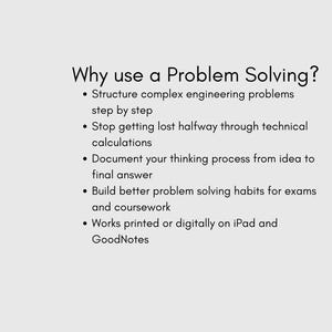 Puede incluir: Fondo blanco con texto negro. El texto pregunta "&iquest;Por qu&eacute; usar la resoluci&oacute;n de problemas?" y enumera beneficios como estructurar problemas de ingenier&iacute;a y documentar el proceso de pensamiento, apto para iPad y GoodNotes.