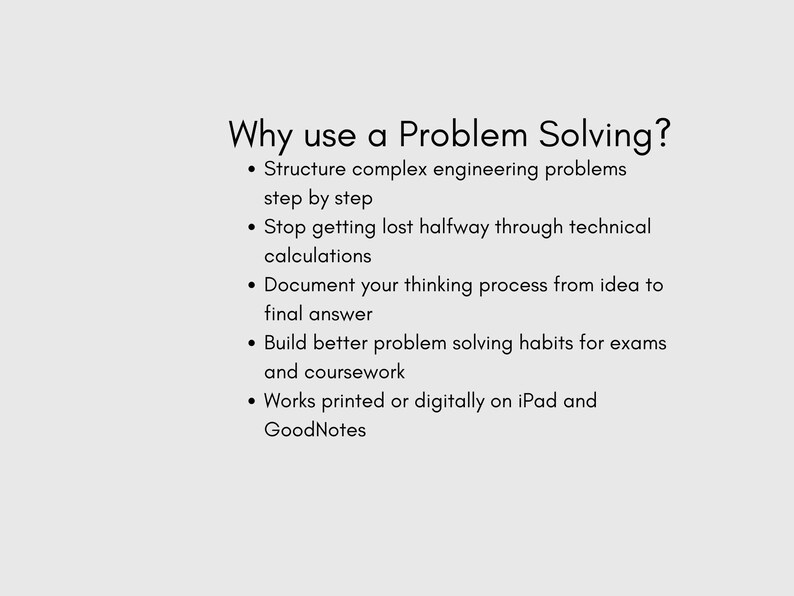 Puede incluir: Fondo blanco con texto negro. El texto pregunta "&iquest;Por qu&eacute; usar la resoluci&oacute;n de problemas?" y enumera beneficios como estructurar problemas de ingenier&iacute;a y documentar el proceso de pensamiento, apto para iPad y GoodNotes.