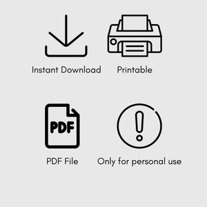 Puede incluir: Gr&aacute;fico de descarga digital con cuatro iconos y texto. Los iconos incluyen una flecha hacia abajo, una impresora, un archivo PDF y un signo de exclamaci&oacute;n. El texto dice: Descarga instant&aacute;nea, Imprimible, Archivo PDF y Solo para uso personal.
